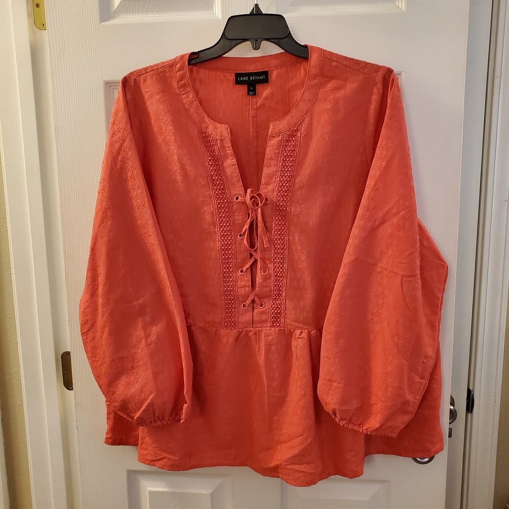 Lane Bryant sz 24 pullover peplum 3/4 slv pink top peasant boho casual comfort